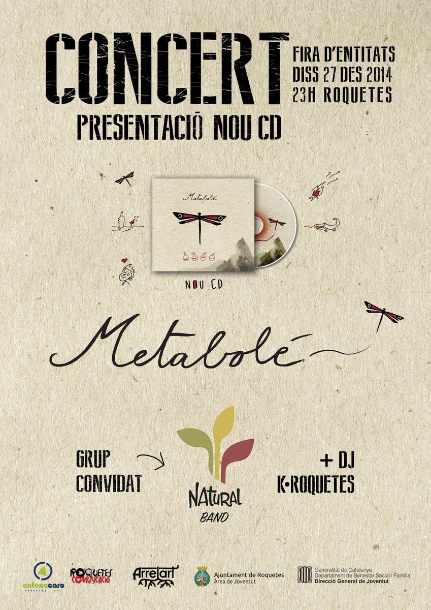Metaboleband's tweet photo. El proper dissabte 27 presentarem el nostre disc a la Fira d'Entitats de Roquetes amb els amics de NATURAL BAND!!! http://t.co/zTr52jisnS