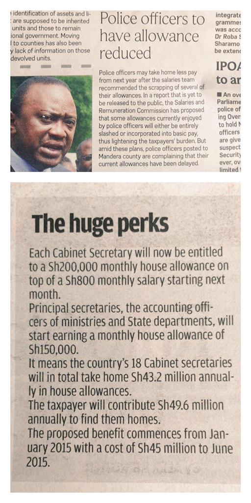 Poorly paid cops to get their allowances reduced&amp;cabinet secretaries earning Sh800,000 to get a raise of Sh200,000.