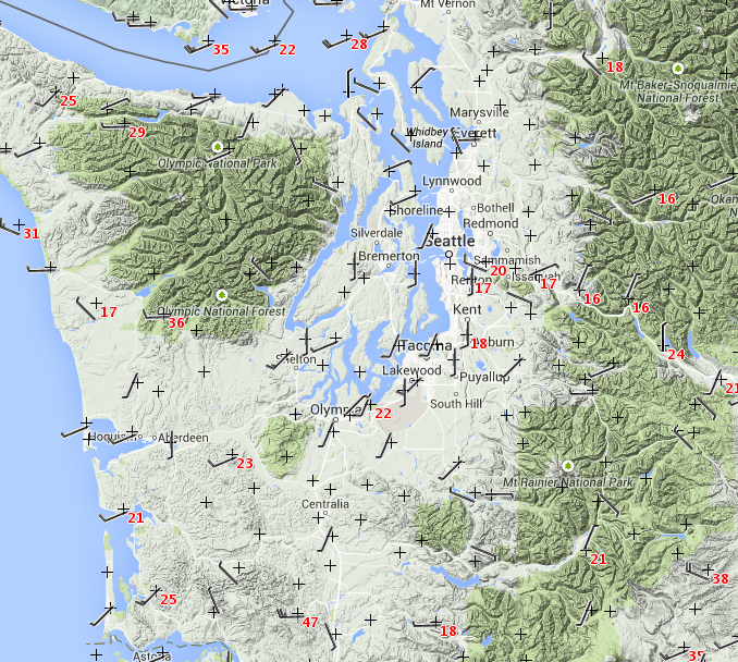 RunnersWeather's tweet image. Some gusty winds around Puget Sound; nothing intense, but annoying for running toward south/southwest. #Seattle