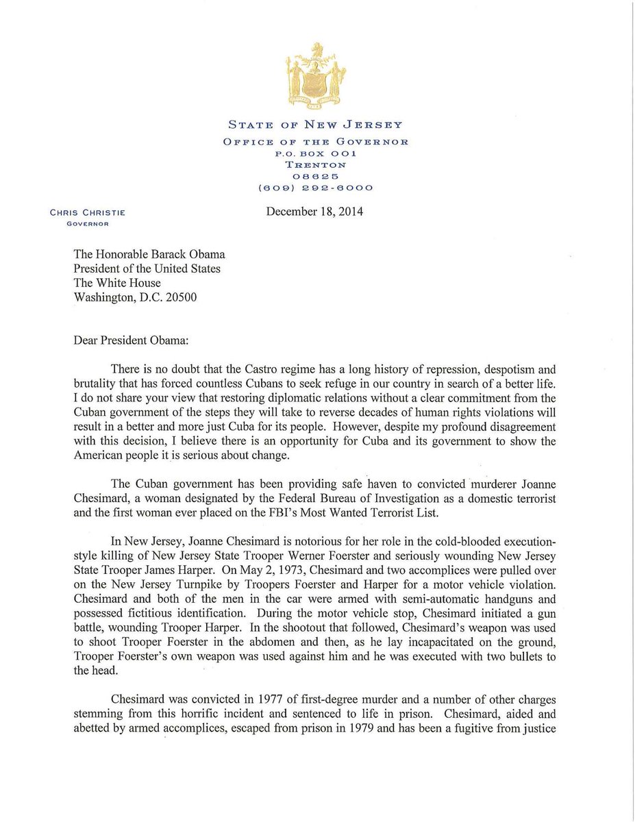 GovChristie's tweet photo. RT If you agree that President Obama should demand the return of Chesimard from Cuba to the US to finish her sentence http://t.co/tztku57vf1