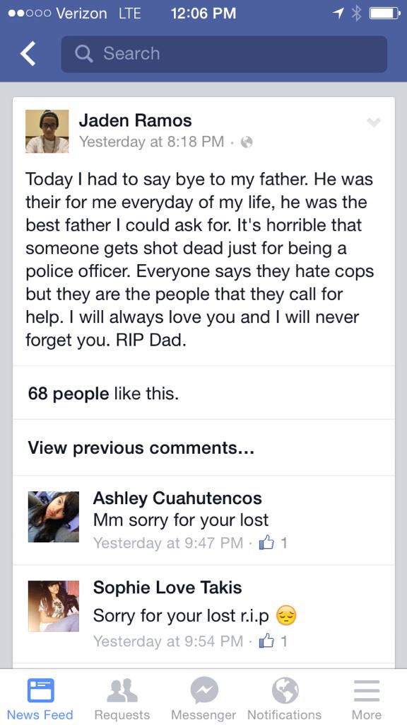 a heartbreaking msg from the son of one of the NYPD officers killed yesterday.