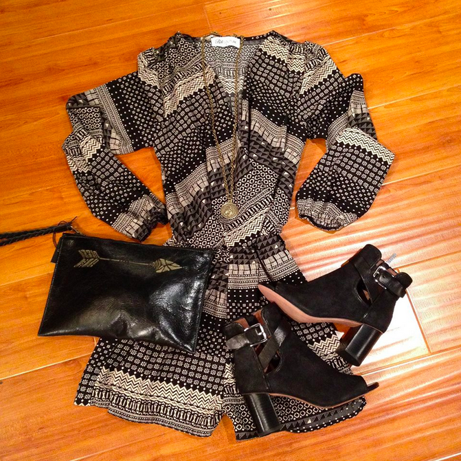 Get the #ProfessionalLook = #RBCouture romper + @DonaldJPliner booties, #TylieMalibu clutch & @FrenchKande necklace.