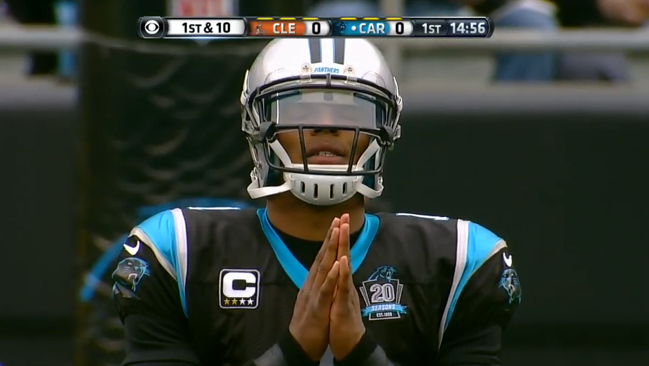 JeffDarlington's tweet photo. 12 days after car accident, Cam Newton broke huddle on 1st play today, walked up to line of scrimmage and did this: http://t.co/Orac0OhBut