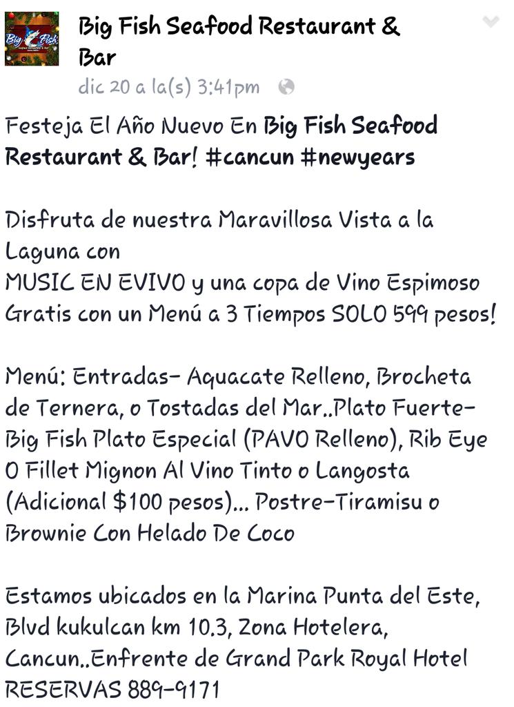 CANCUNBIGFISH's tweet photo. Cena de año nuevo $599 pesos #BigFish #Cancun @cancunvyr @Promos_Cun @AltavozCancun @promoscancun @RT_Cancun http://t.co/MKbaY4HiNY