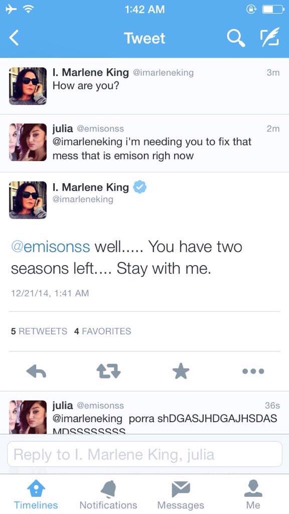 PrettyKisses_A's tweet image. Marlene asked a #PLL fan question last night. #Emison is still on. It's not over for those two. #TeamEmison