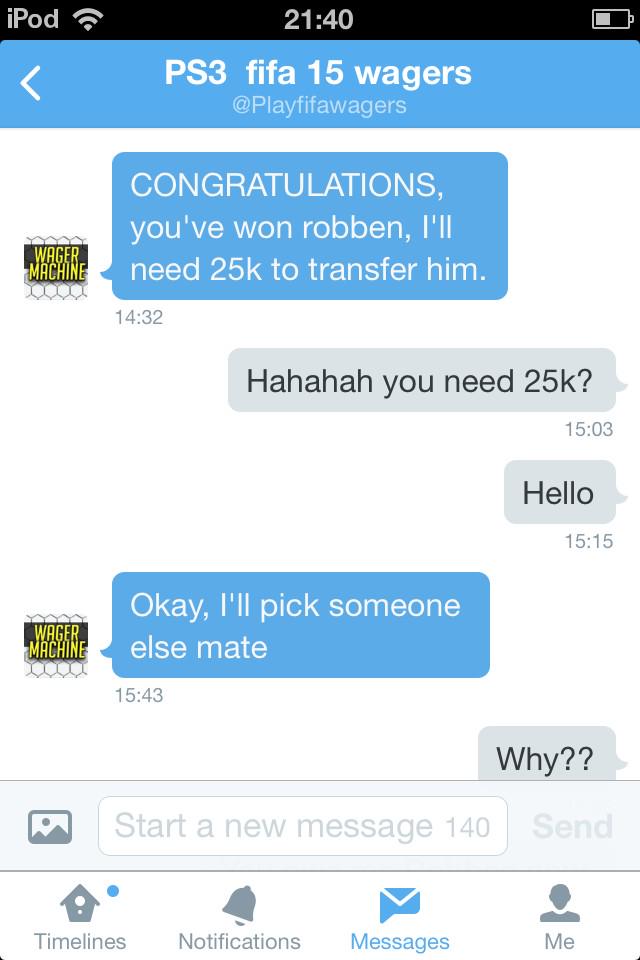FootballHearts's tweet photo. Hahaha @Playfifawagers is a scammer.. Check this pic, scammed me a giveaway! RT AND REPORT http://t.co/v0L08DlHkz