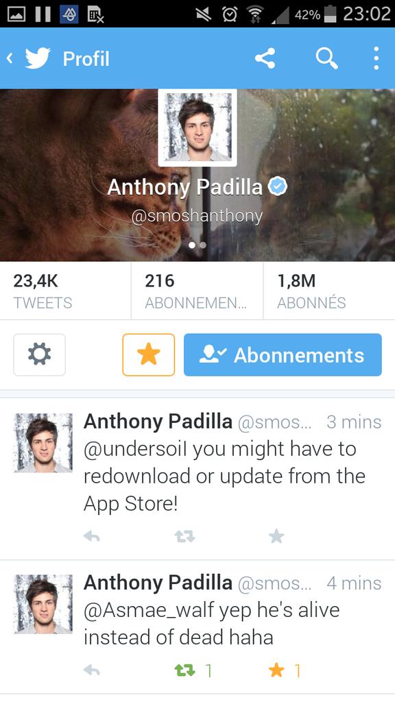 Asmae_walf's tweet photo. That moment when @smoshanthony replied to me 😍😍😍😍😍😍😍😍 #smosh #smosher http://t.co/oBrSHGKfUy