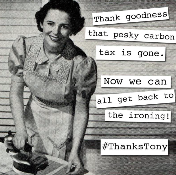 1millionwomen's tweet photo. Tony Abbott declared his biggest achievement as Minister for Women was the the repeal of the climate tax. #thankstony http://t.co/gm5Yg8LyZJ