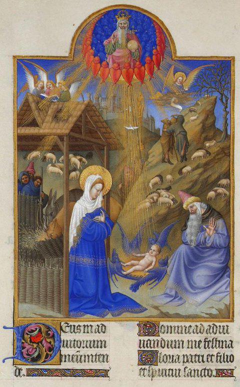 Sarah_Peverley's tweet photo. Nativity: God the father, Holy Ghost (dove), cherubim &amp; seraphim, shepherds, Tres Riche Heures #MedievalAdvent http://t.co/ATTeTHNHZL