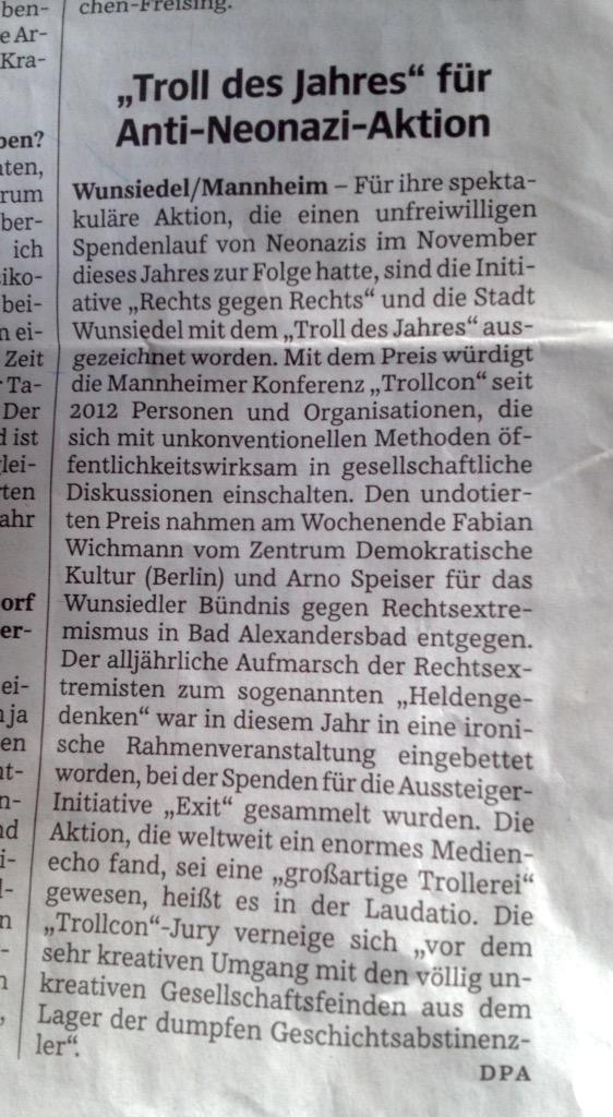 exitdeutschland's tweet photo. @trollcon @RaumZeitLabor #rechtsgegenrechts ist als Troll des Jahres in der @SZ #ehrungfürdieehrung #trollcon http://t.co/BQm0vdxpcv
