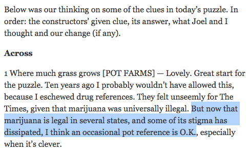 JoinTheMajority's tweet photo. #Marijuana reform is so mainstream that even the @nytimes crossword editor is on board.
http://t.co/UdgxPEDLFN #mmot http://t.co/dcTSI9T8cP