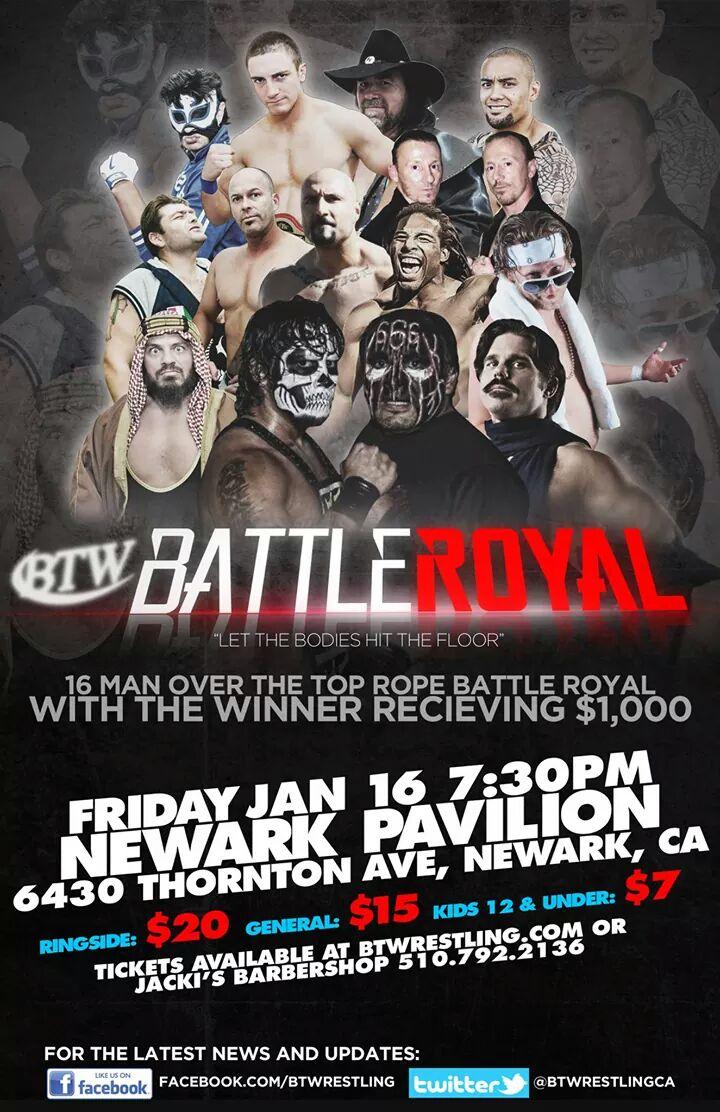 fkalexgoldstein's tweet photo. On 01/16 it's @BTWrestlingCA #BattleRoyal w/@AlmightySHEIK @JoeyRyanOnline #Damien666 #bestia666 #Jasonstyles & more http://t.co/jzJpBSc0sE