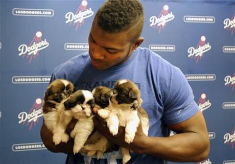 Happy birthday to my favorite person on message, the one and only Here\s Yasiel Puig holding some puppies. 