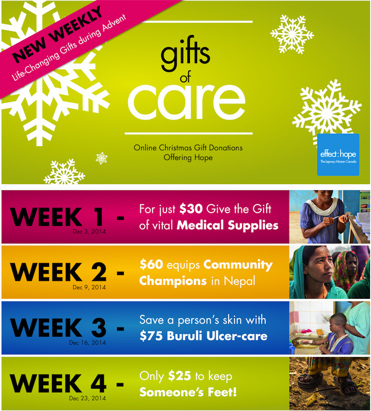 effecthope's tweet photo. ALL our Advent #GiftsOfCare are LIVE! Buy Christmas Gift Donations:
Cure Leprosy, Save Feet...
http://t.co/IGgUIW1KCv http://t.co/dHmOhpLYVd