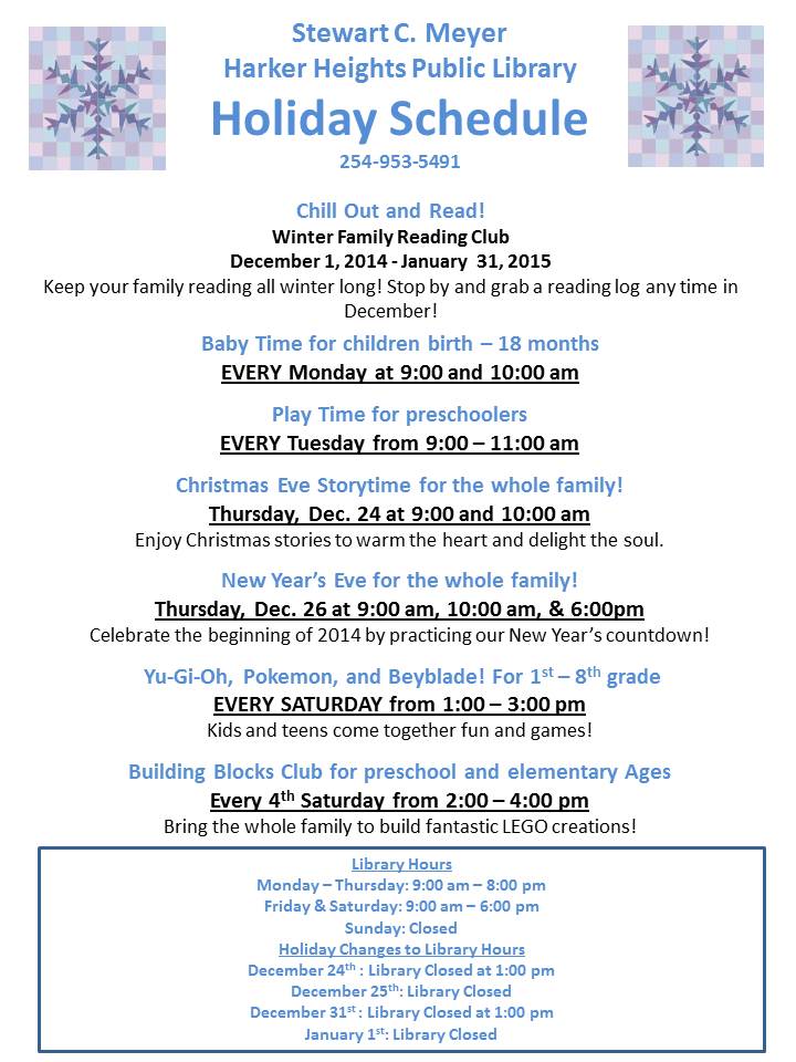HarkerHeightsTX's tweet image. Enjoy family programs at the Library over the holidays! #familyprograms #holidayprograms