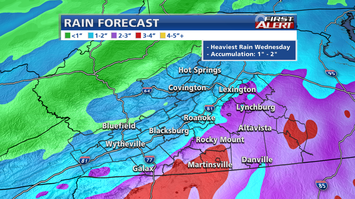 WDBJ7Weather's tweet photo. Rainfall through Wednesday night may top 2" in spots. Heaviest Wednesday morning. http://t.co/C6kGptAWNU
