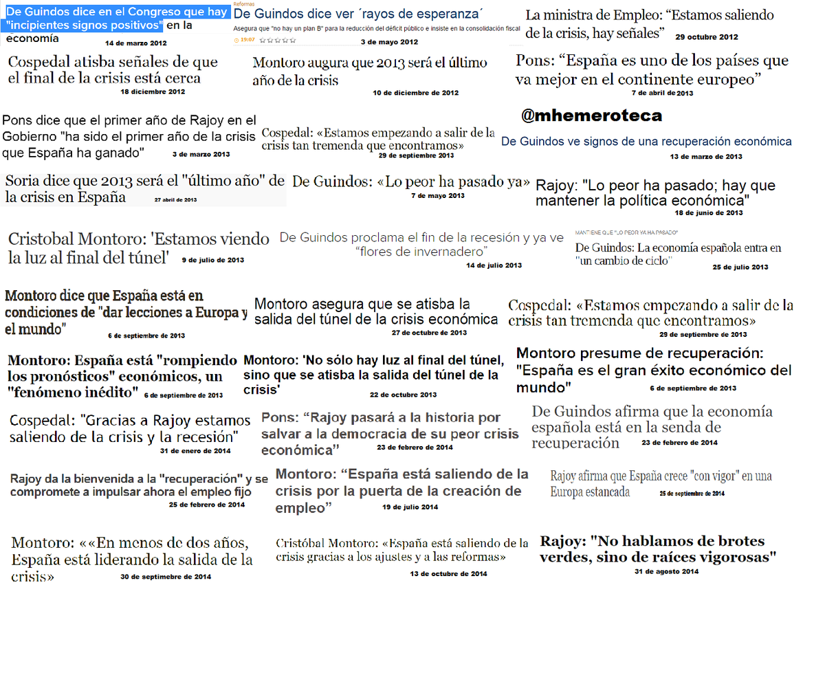 Mhemeroteca's tweet photo. "Salimos de la crisis" dice Gobierno
Llevan 3 años diciéndolo
Ahí tenéis 30 frases
La 1ª a los 87 días de gobernar http://t.co/LnxEL5u2Qt