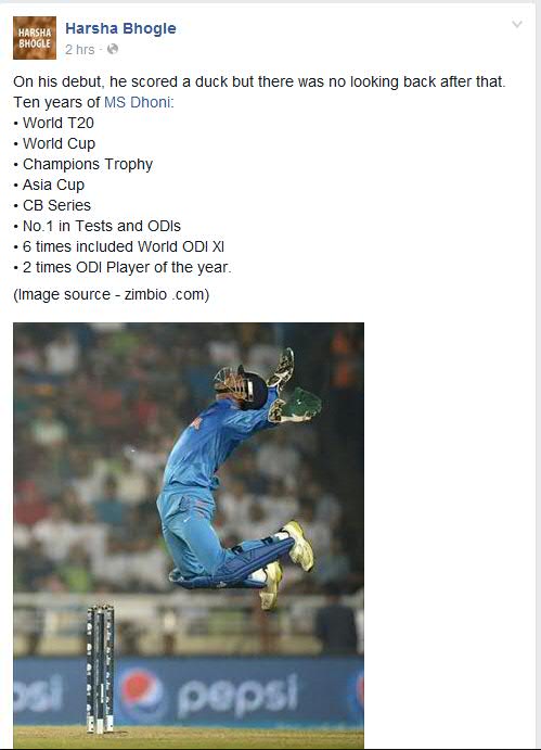 imDhoni_fc's tweet photo. Have a look here folks . See wats written in @bhogleharsha s fb timeline about @msdhoni #10YearsofDHONIsm http://t.co/RoUy4XdQHF