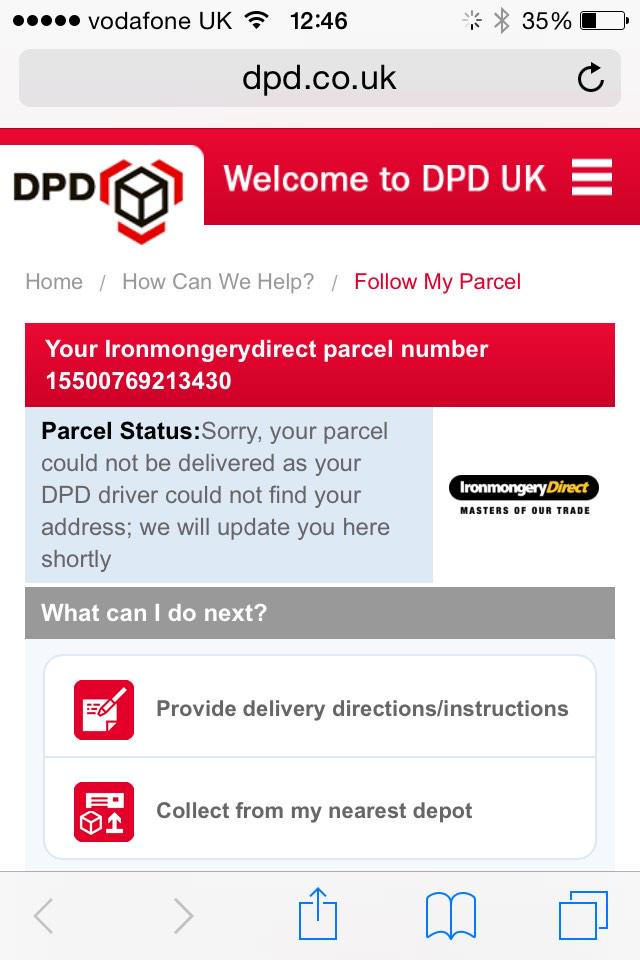 InfoReddup's tweet photo. @DPD_UK can you advise if our parcel will be delivered tomorrow? ref 15500769213430. Thanks Nicola Stephen http://t.co/7c4JJ699jK