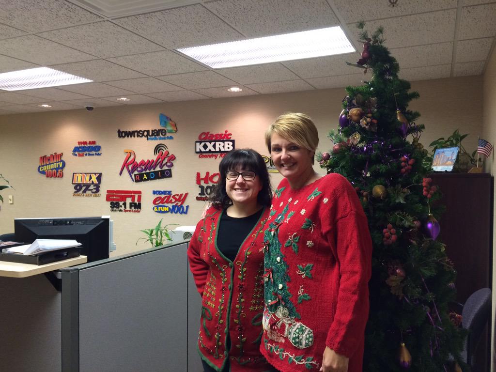 na_ta_sha_86's tweet photo. Ugly Christmas sweaters! We make them look good! @KIKNCountry @hot1047sf #tammyfromkikn http://t.co/IXVFHyVdOt