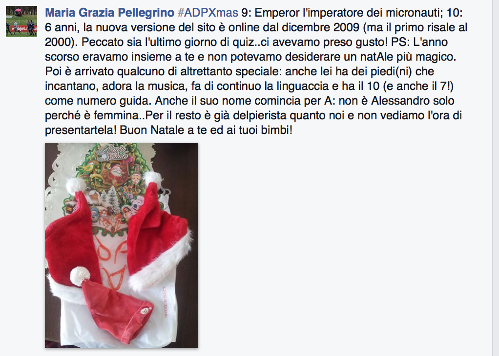 ADPLOG's tweet photo. #ADPXmas TRIVIA - Risposta / Answer 9 e 10 
Complimenti alla "super bomber" di #ADPXmas Trivia! http://t.co/BCWNWcFRJI