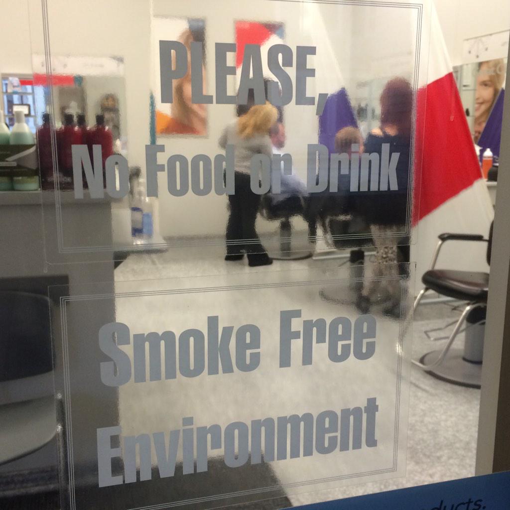 KennyBrendan's tweet photo. You can't have food or drink at @GreatClips, but you can still smoke for free. #GrammarWars #hyphenfail http://t.co/UtfhisN9fw