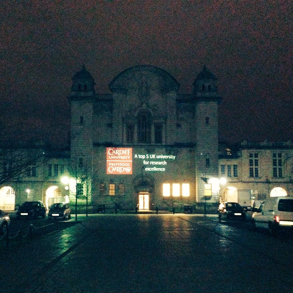 PresidentCSU's tweet photo. So @CardiffUni's Main Building has been appropriately customised celebrating results #REF2014 http://t.co/xQ9DGKY1u5