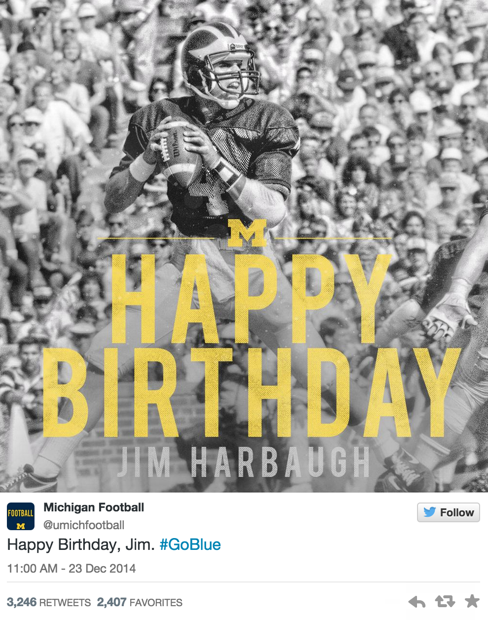   Michigan messageed a happy birthday to 49ers coach Jim Harbaugh today. Hmmmm »   so ?