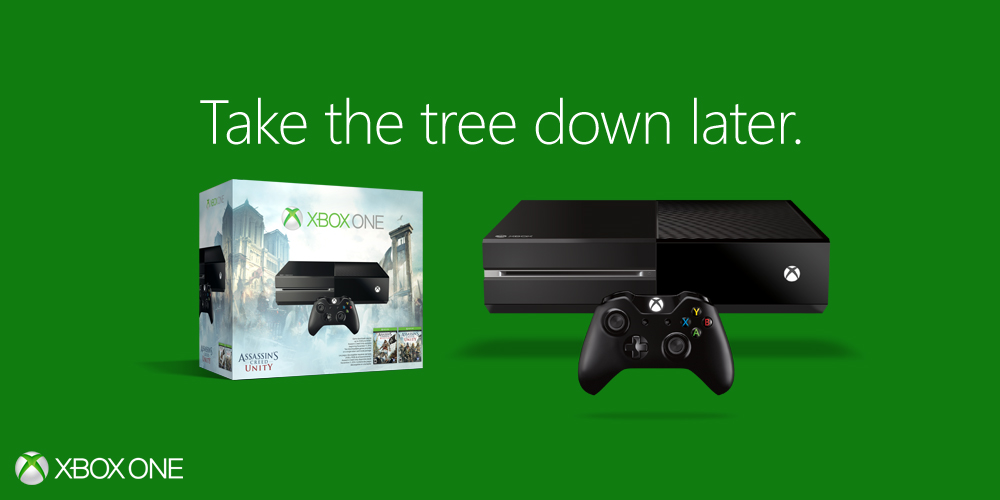 Xbox's tweet image. Give yourself the gift you didn’t get. (Unless you got it.) Xbox One starts at just $349: xbx.lv/1zg1dBK