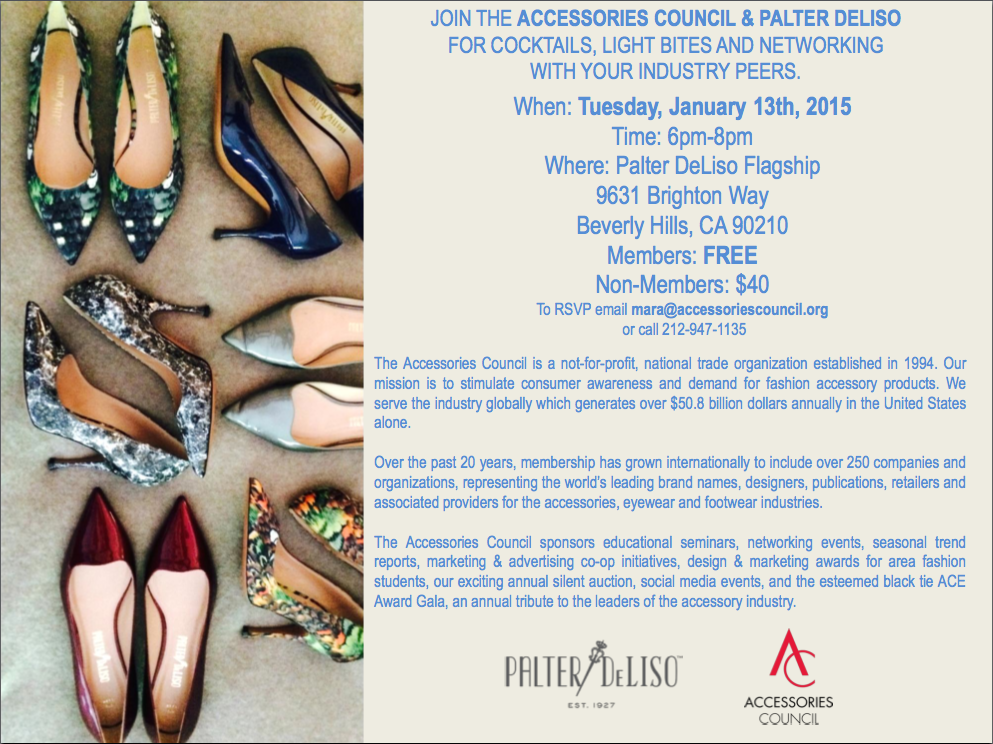 AccessoryNews's tweet photo. #WestCoast &amp; bicoastal companies are invited join us &amp; @PalterDeLiso for cocktails &amp; networking 1/13! See deets below http://t.co/C89vGPFhsf