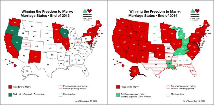 NOH8Campaign's tweet photo. This holiday-colored #MarriageEquality map of the US shows what a difference a year can make! via @freedomtomarry http://t.co/e8YCc3Gsks