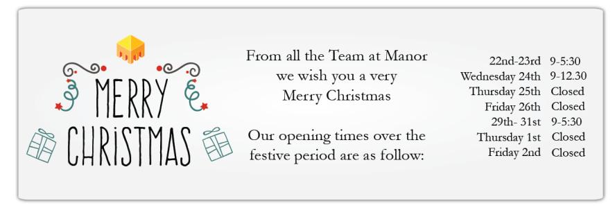 DirectManor's tweet image. We're all enjoying a much deserved break over the festive season here at Manor! Here are our #Christmas opening hours