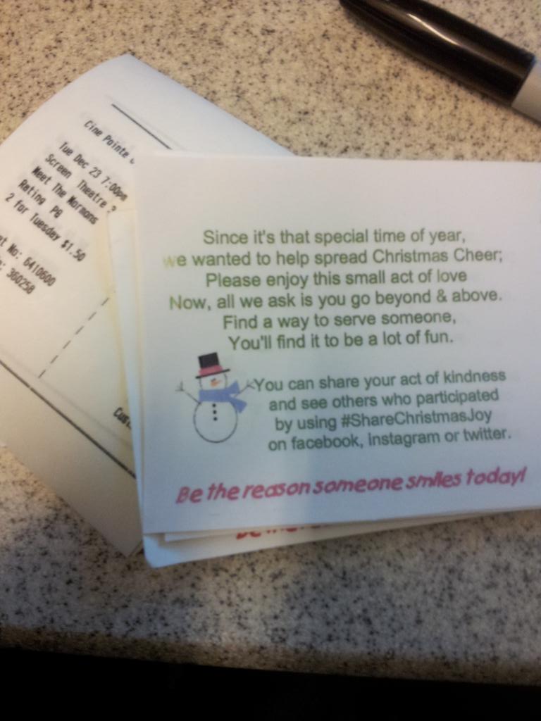 BrittWixx's tweet photo. A man came in to the #Theater and bought 10 tickets and left them to us to give out #PayItForward #ShareChristmasJoy http://t.co/wikJgYbtBd