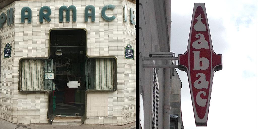 ParisOneForty's tweet image. A Pharmacy reimagines a door in the form of the classic druggist's cross, while a Tabac sign hangs nearby, unchanged.
