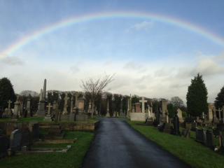 HowdenMinster's tweet image. The road goes ever onwards. 
A rainbow marks Vivien Hall&apos;s resting place at Nab Wood after yesterday&apos;s funeral