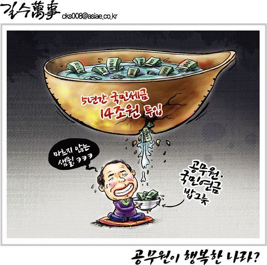 공무원연금은 올해만적자가1조9982억원이다. 정부에서 2조4854억원을 보존해야 한다. 공무원을위해국민 세금 2조4854억원을 틀어넣어야 한다. 세금으로공무원 연금주고있다. 현정부에서만 15조원을 부담해야한다