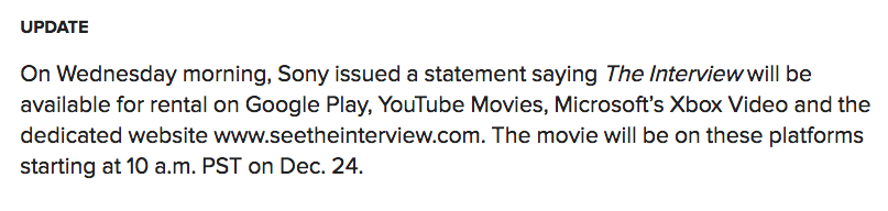 BuzzFeedNews's tweet photo. “The Interview” Will Be Available To Rent And Stream Online Today at 1PM ET http://t.co/VwhqVXJct4 http://t.co/XmdJXkPUIc