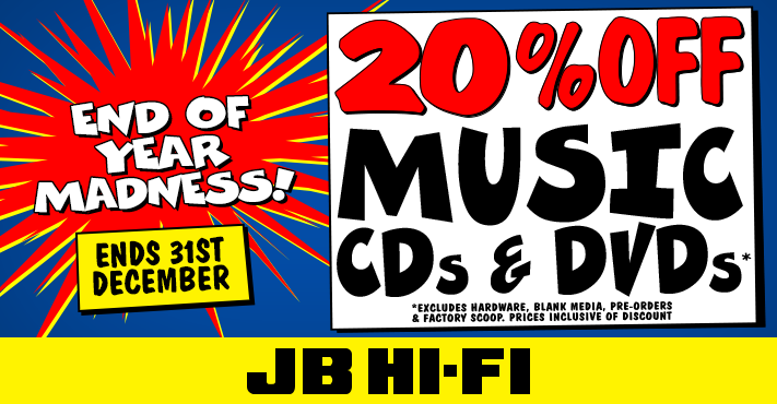 JBHiFi's tweet photo. Get the tunes ready for your New Years party w/ 20% off Music CDs and DVDs right now @JBHiFi
https://t.co/Y8R2jAYlKd http://t.co/c5uaAeJCo4