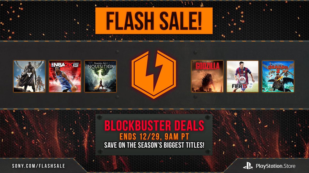 PlayStation's tweet image. Flash sale! Save on more than 30 games: bit.ly/1HDb6Os Destiny, Dragon Age: Inquisition, Shadow of Mordor.