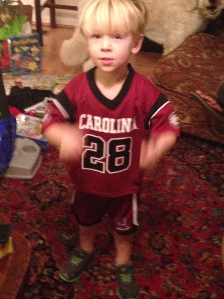TheBabyHolmes's tweet photo. Pimpin my new #Gamecock jersey and shorts #ThanksSanta #BigGameGarnet http://t.co/8wTZI2TAmu