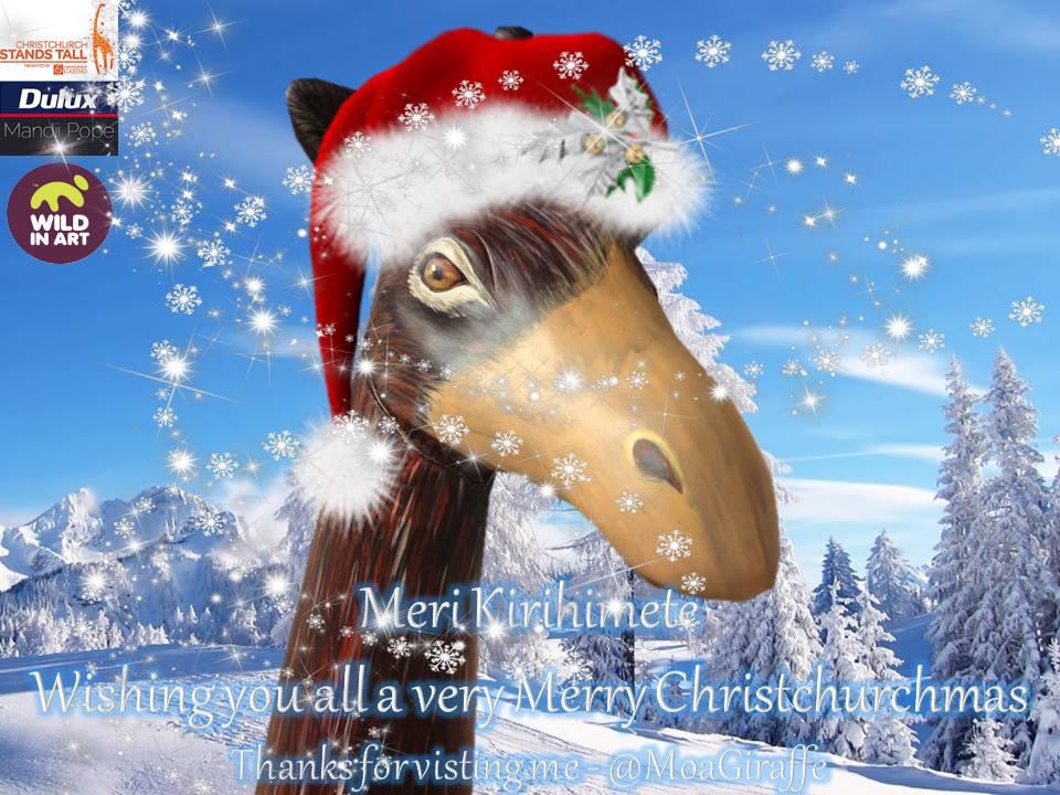 mandiipopeart's tweet photo. Meri Kirihimete! Wishing you all a very Moa Christchurchmas @Wild_in_Art @ChChStandsTall #DuluxNZ  luv @MoaGiraffe x http://t.co/6GtWyG5OG9