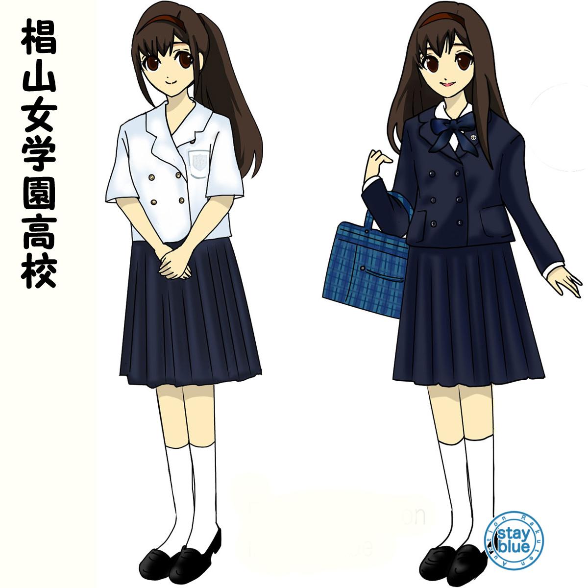 Stayblue 学校制服図鑑 בטוויטר No 2 椙山女学園高校 名古屋市千種区 の制服イラスト 制服は紺ブレザーとジャンパースカート 襟元はタイをリボン状に結びます 夏服はオーバーブラウス 制服は中高共通でタイの色が変わります 中学は赤 高校は紺 Http T Co