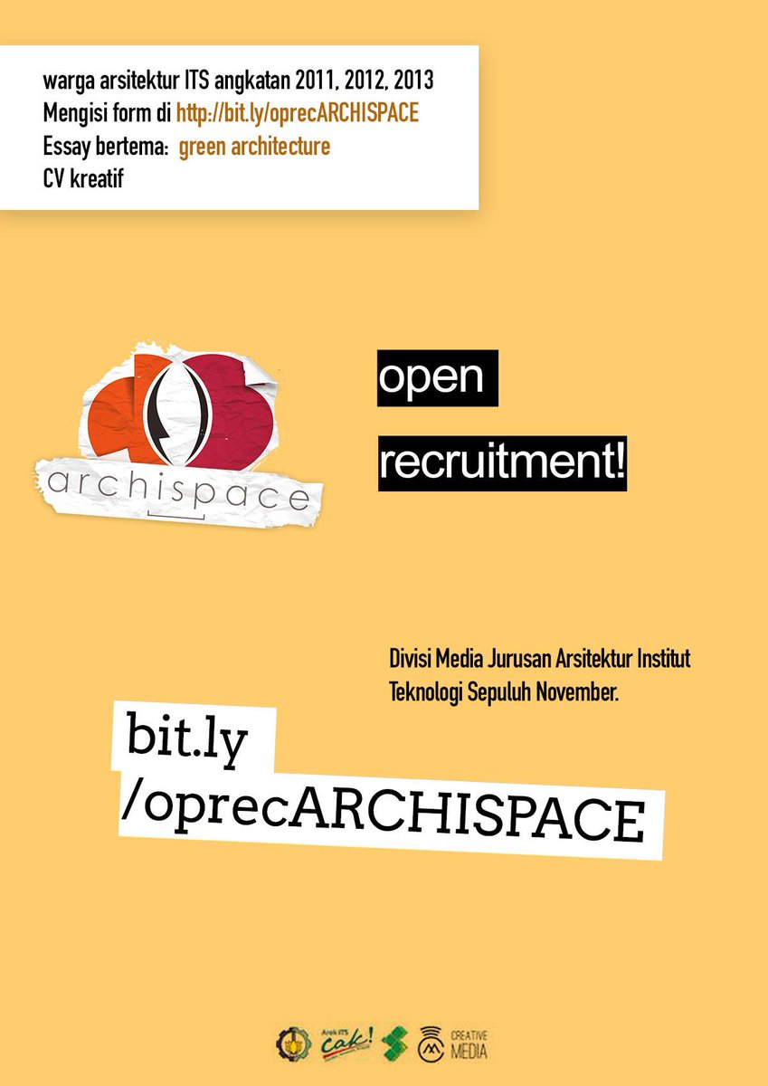 archispaceITS's tweet photo. Archispace bawa berita! Kita sudah buka open recruitment ARCHISPACE lho. Cek http://t.co/uVXH0MoX0p  cc:@SemutJahil http://t.co/MXE7ELWRMj