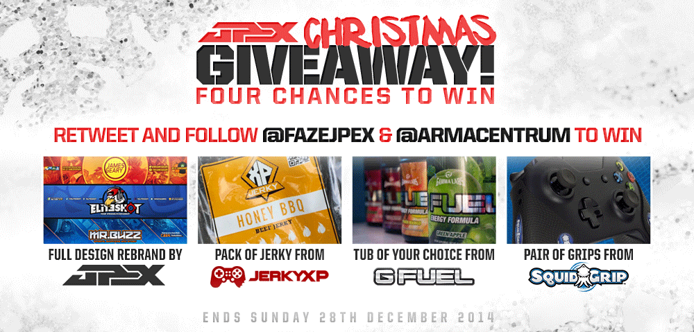 JPEX's tweet photo. XMAS GIVEAWAY, 4 CHANCES TO WIN: Designs, JerkyXP, GFUEL &amp; SquidGrips! RT and FOLLOW @FaZeJPEX &amp; @ArmaCentrum to win! http://t.co/eOJENSErp9