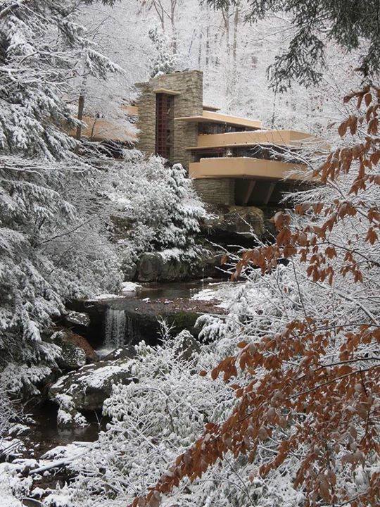 Mariadecuenca's tweet image. #ImágenesInvernales La Casa de la Cascada nevada #LloydWright