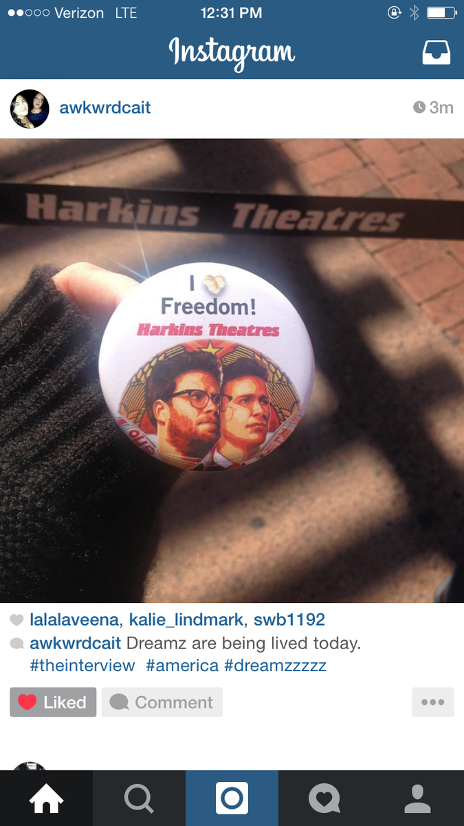 scottbuscemi's tweet photo. Pins being given out at local movie theater #seetheinterview http://t.co/XmQff3geod