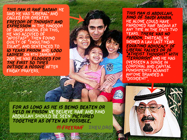HumanistsInt's tweet photo. King Abdullah wants to see #RaifBadawi whipped 50 TIMES, EVERY FRIDAY from now until May 22nd. DEMAND: #FreeRaif http://t.co/IBh2UxZoXR