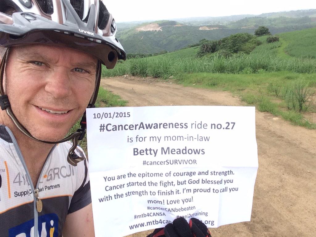 GerhardduToit08's tweet photo. #CancerAwareness ride no. 27 this morning for mom-in-law #BettyMeadows #cancerCANbebeaten #sani2ctraining #mtb4cansa http://t.co/enLYRUJ3wz