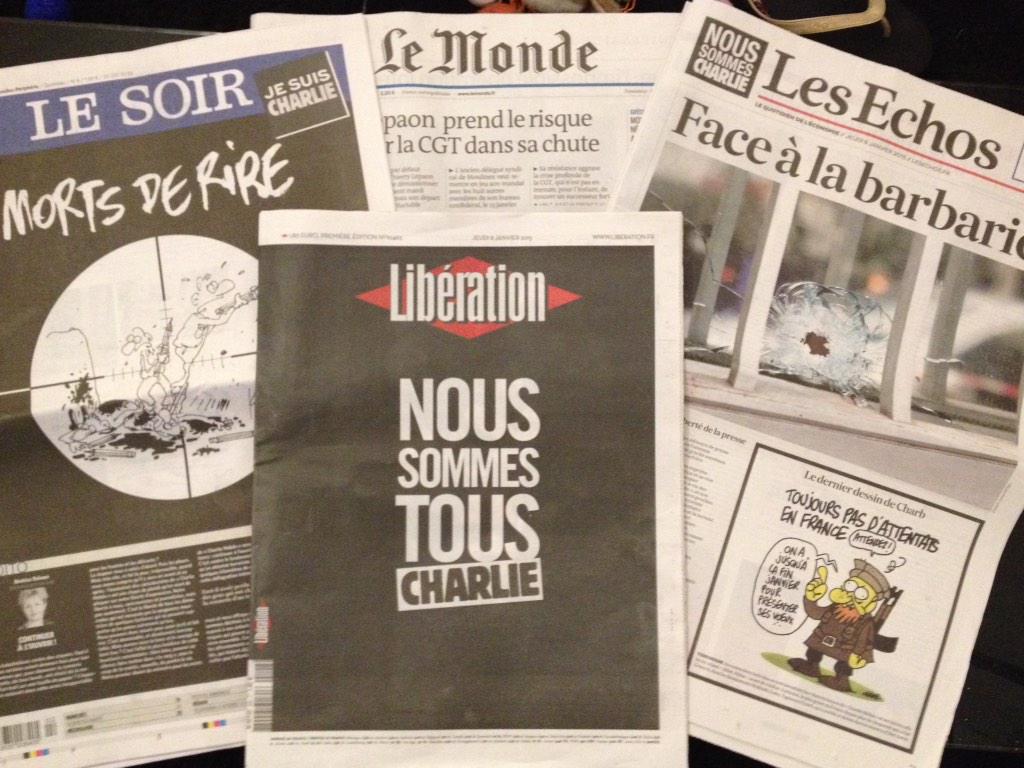 SarahDuval_'s tweet photo. Les Unes de ce matin font froid dans le dos... Mais chaud au cœur ! #charliehebdo http://t.co/8IdXtsJE1c