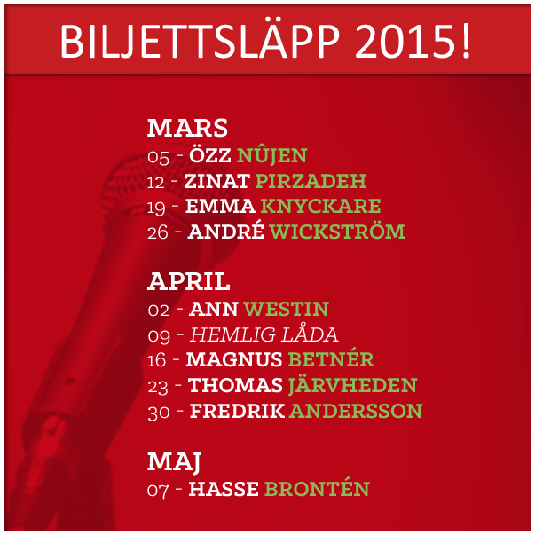 MalmoComedyKlub's tweet photo. Biljetterna till vårens säsong 
är släppta! Köp dem på @kulturcentralen Varm välkomna! #humor #standup #show #malmö http://t.co/Yw4r613sJH